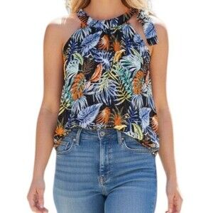 A Love Story Tie Neck Tropical Hawaiian Sleeveless Blouse